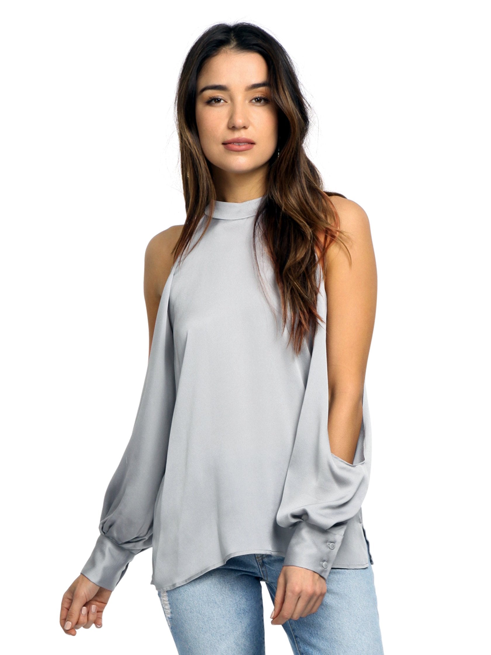 Woman wearing a top rental from 1.STATE called Cold Shoulder Blouson Sleeve Blouse