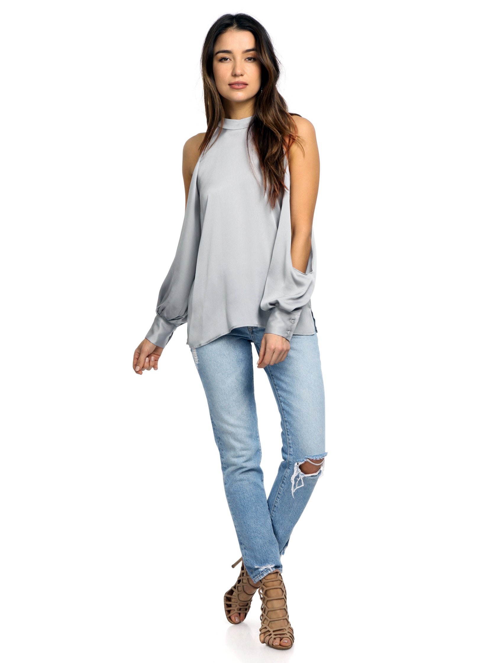 Girl wearing a top rental from 1.STATE called Cold Shoulder Blouson Sleeve Blouse