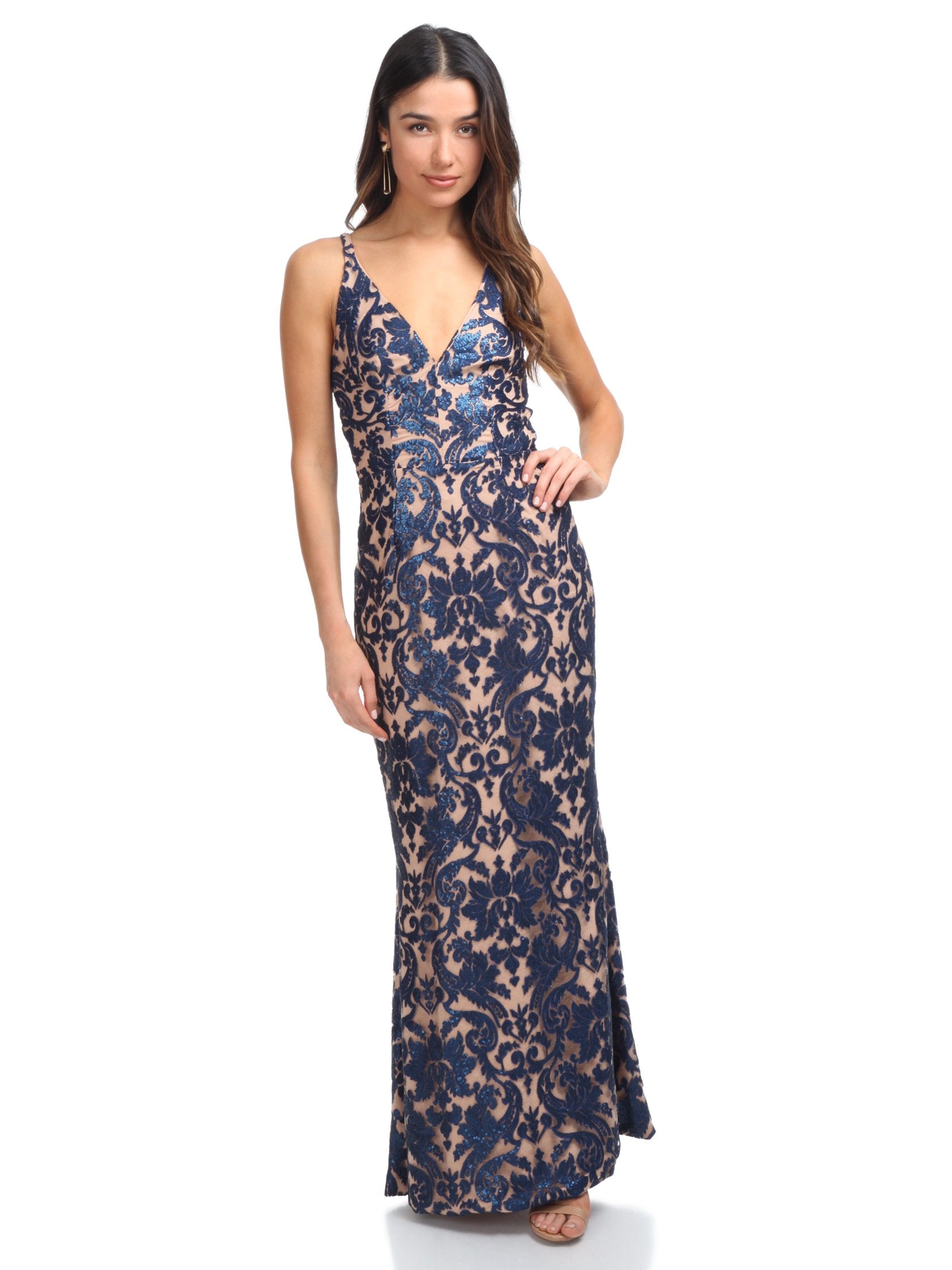Girl outfit in a dress rental from Dress the Population called Karen Sequin Lace Gown