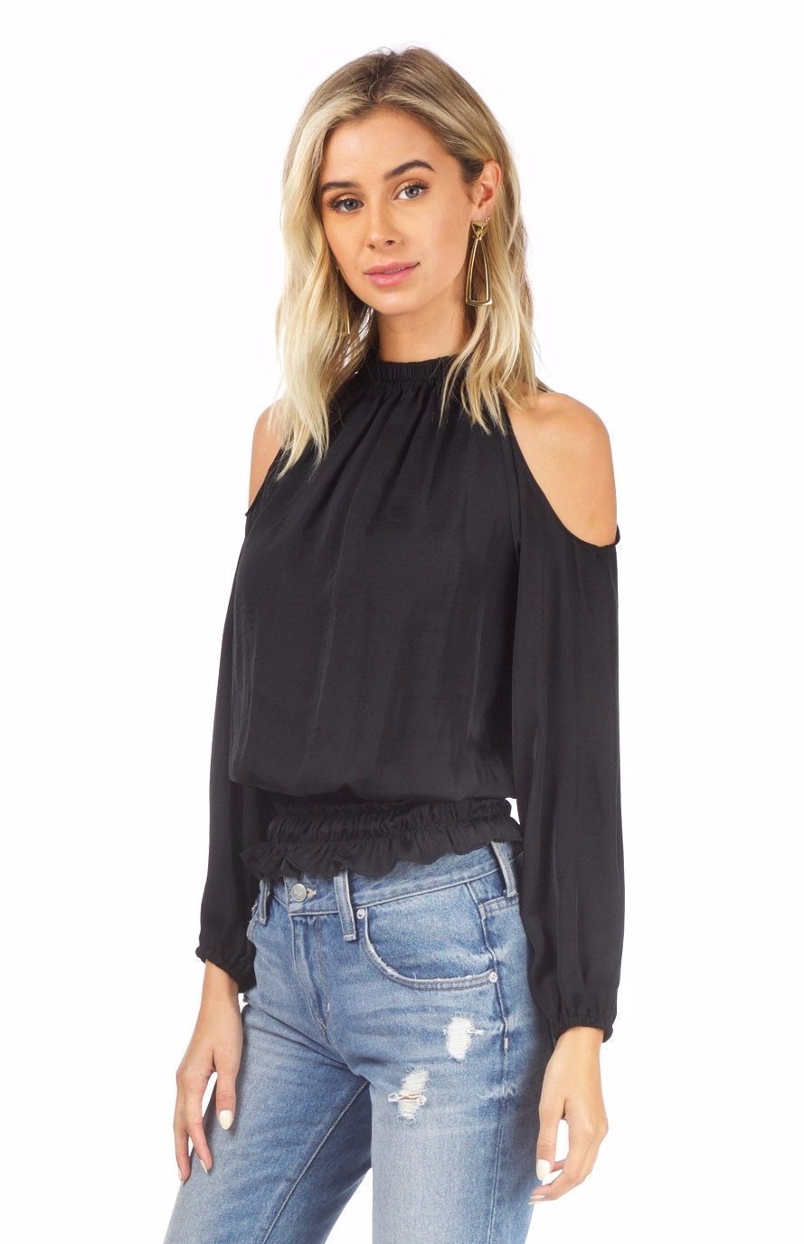 Woman wearing a top rental from AQUA called Cold Shoulder Top