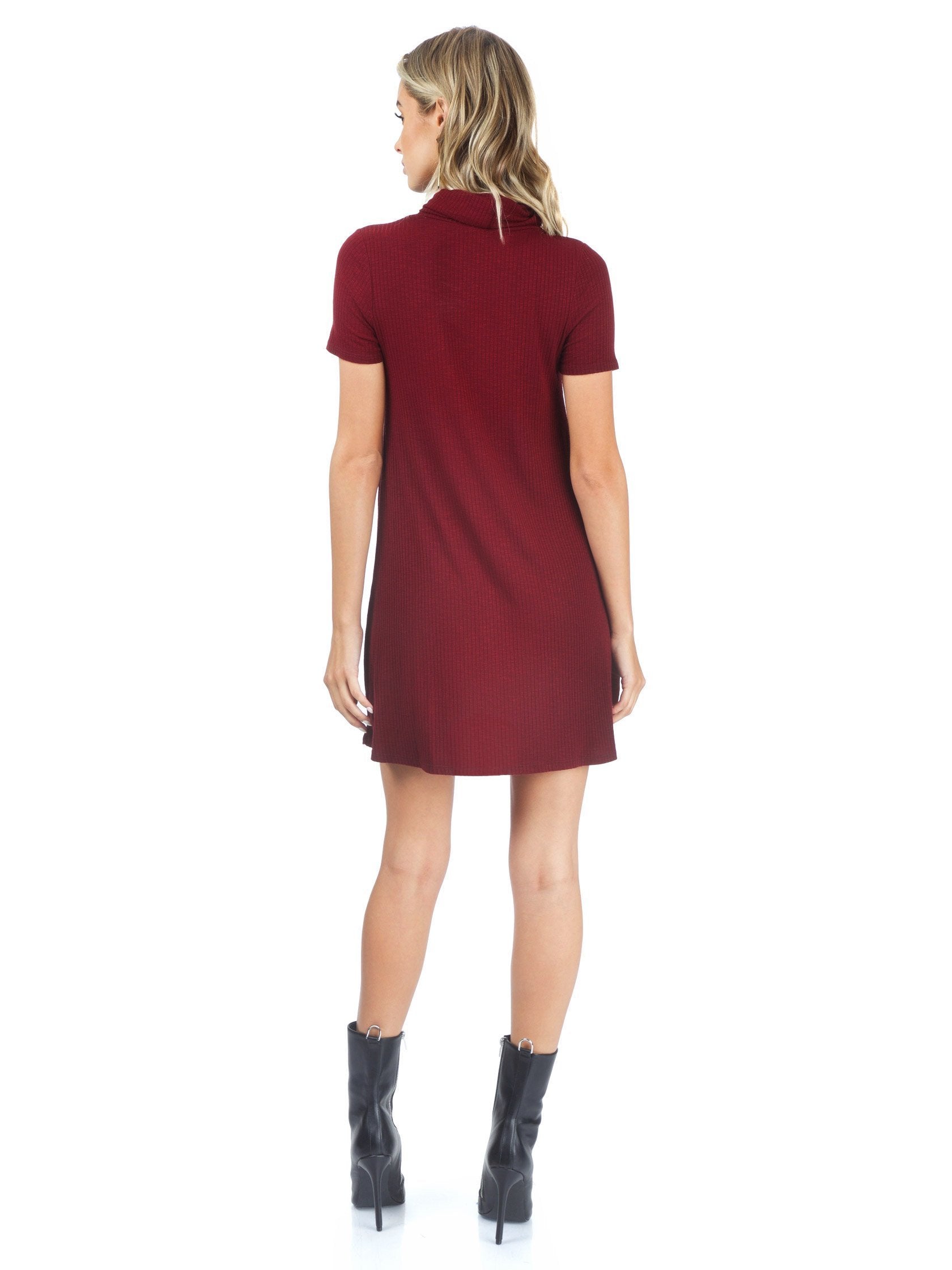 Women wearing a dress rental from AQUA called Ribbed Knit Neck Cowl Dress