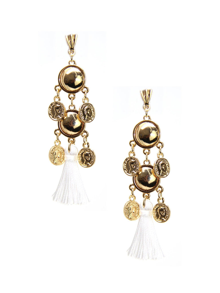 Women outfit in a earrings rental from Ettika called Gisele Earring In Blue And Gold