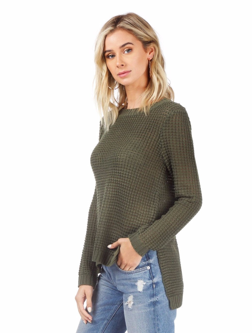 Woman wearing a sweater rental from BB Dakota called Dunning Sweater