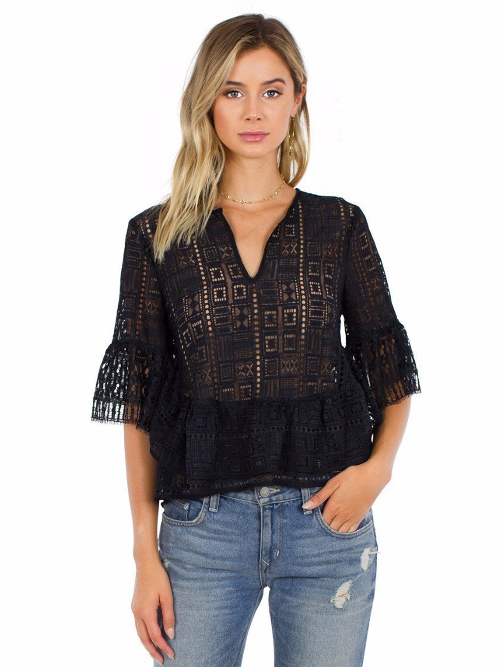 Woman wearing a top rental from BCBGMAXAZRIA called Immane Ruffled Lace Top