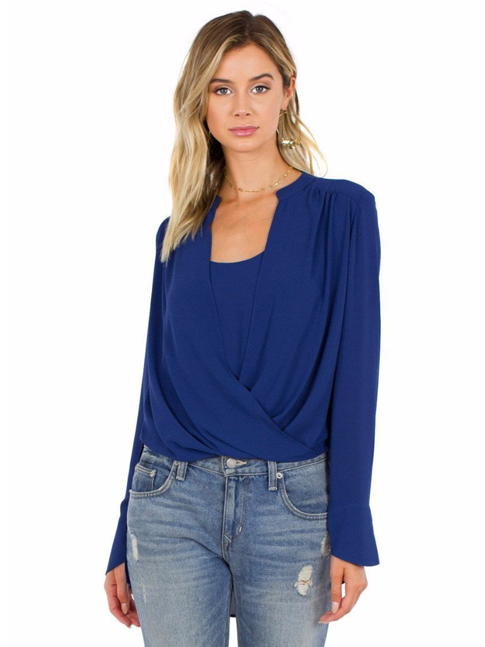 Woman wearing a top rental from BCBGMAXAZRIA called Jaklyn Draped-front Blouse