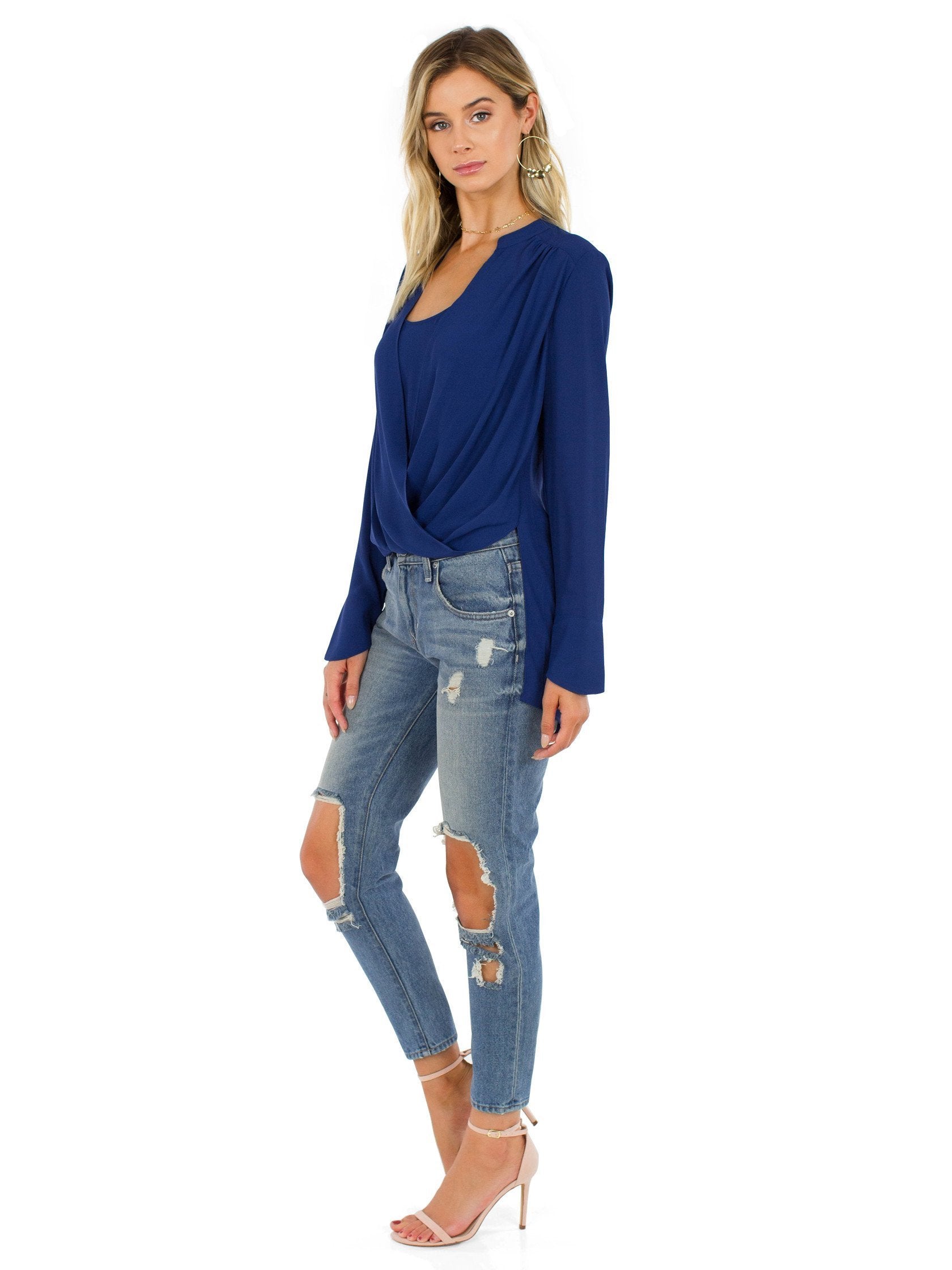 Women wearing a top rental from BCBGMAXAZRIA called Jaklyn Draped-front Blouse