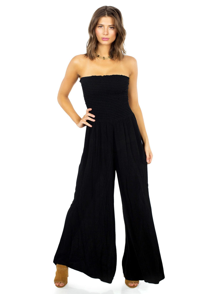 Women wearing a jumpsuit rental from Blue Life called Scrunched Up Off Shoulder Bikini Top