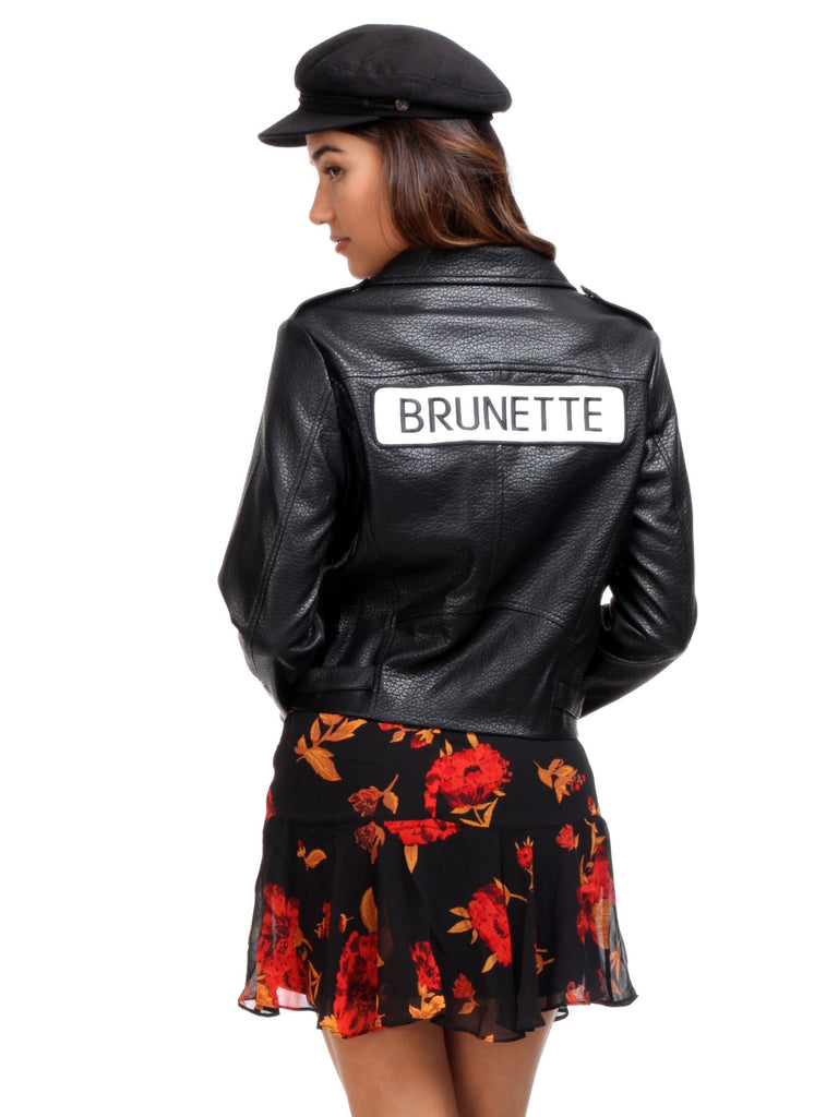 Women wearing a jacket rental from BRUNETTE The Label called Florence Vegan Leather Moto Jacket