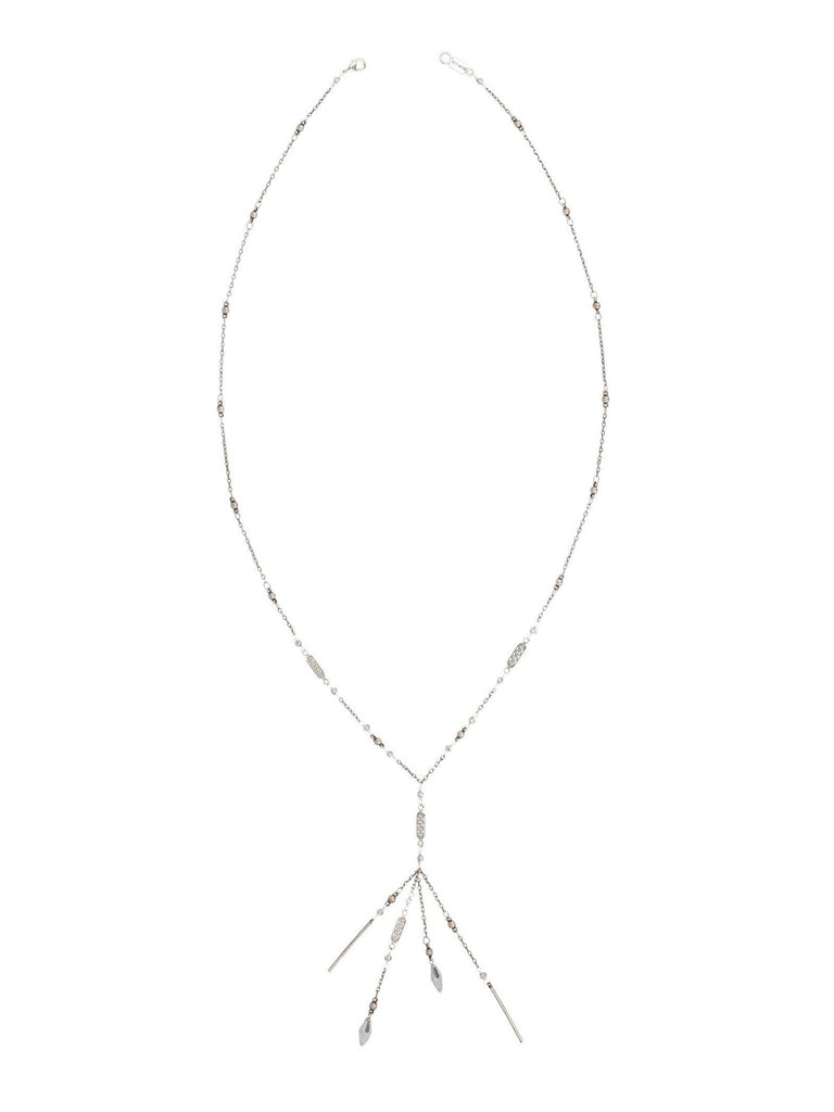 Women wearing a necklace rental from Chan Luu called Grey Mix Chain Fringe Necklace
