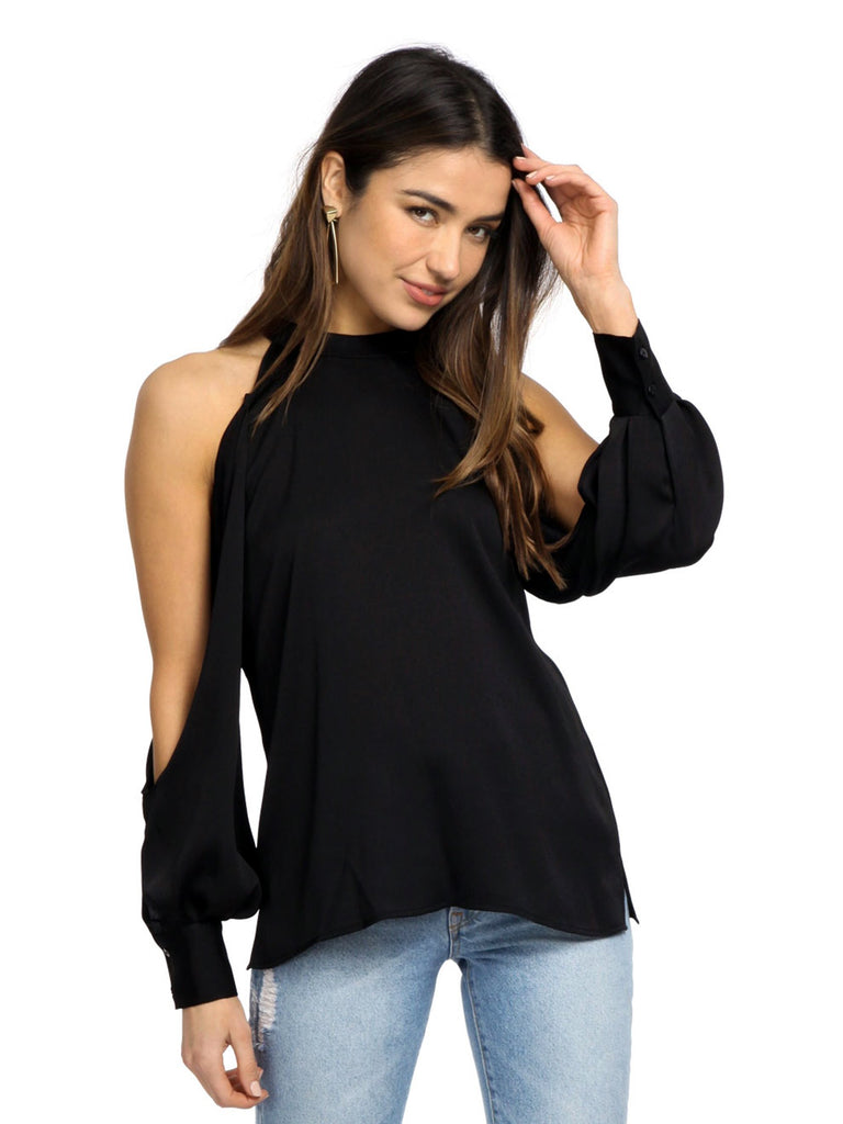 Women wearing a top rental from 1.STATE called Cold Shoulder Blouson Sleeve Blouse