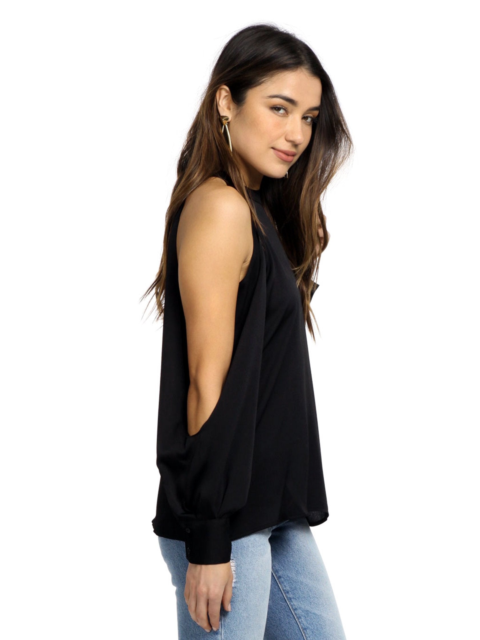 Women wearing a top rental from 1.STATE called Cold Shoulder Blouson Sleeve Blouse