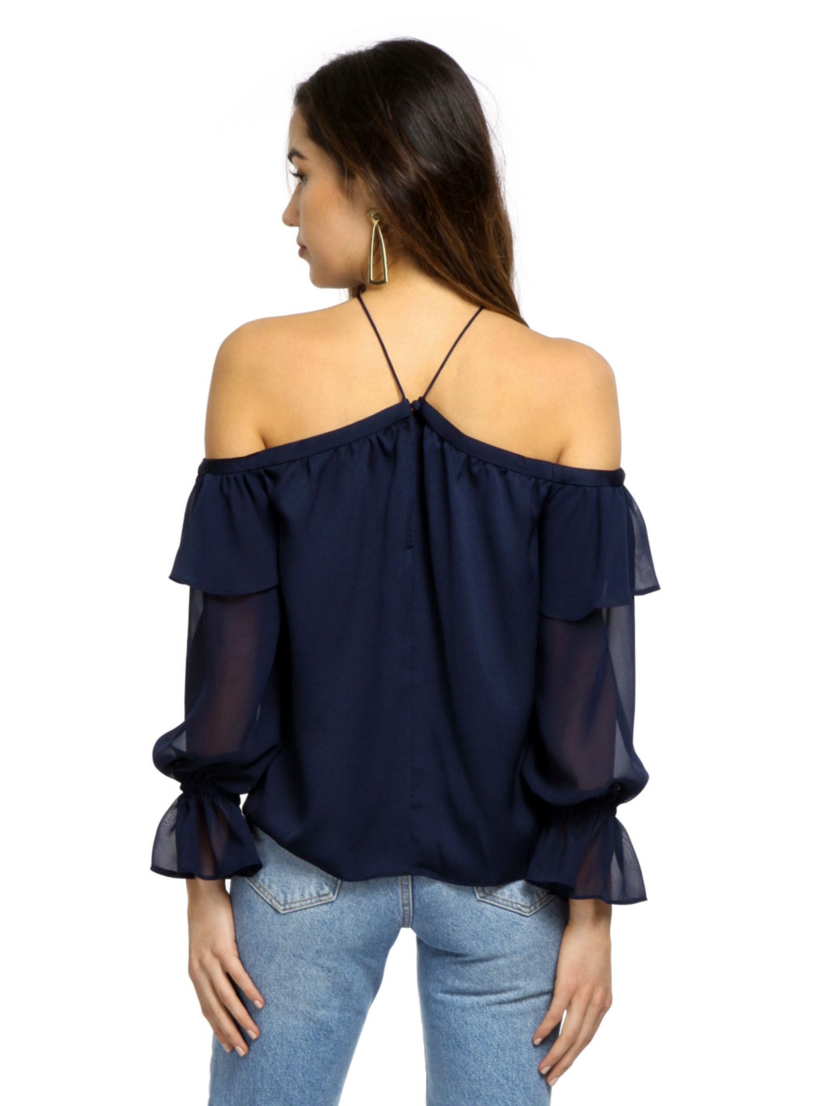 Women outfit in a top rental from 1.STATE called Cold Shoulder Halter Top