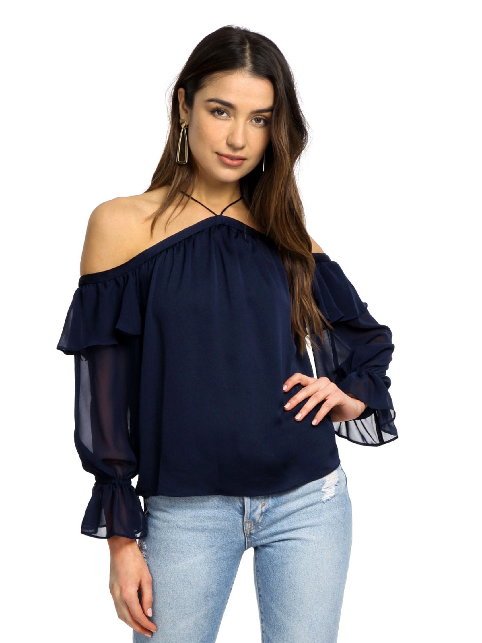 Woman wearing a top rental from 1.STATE called Cold Shoulder Halter Top