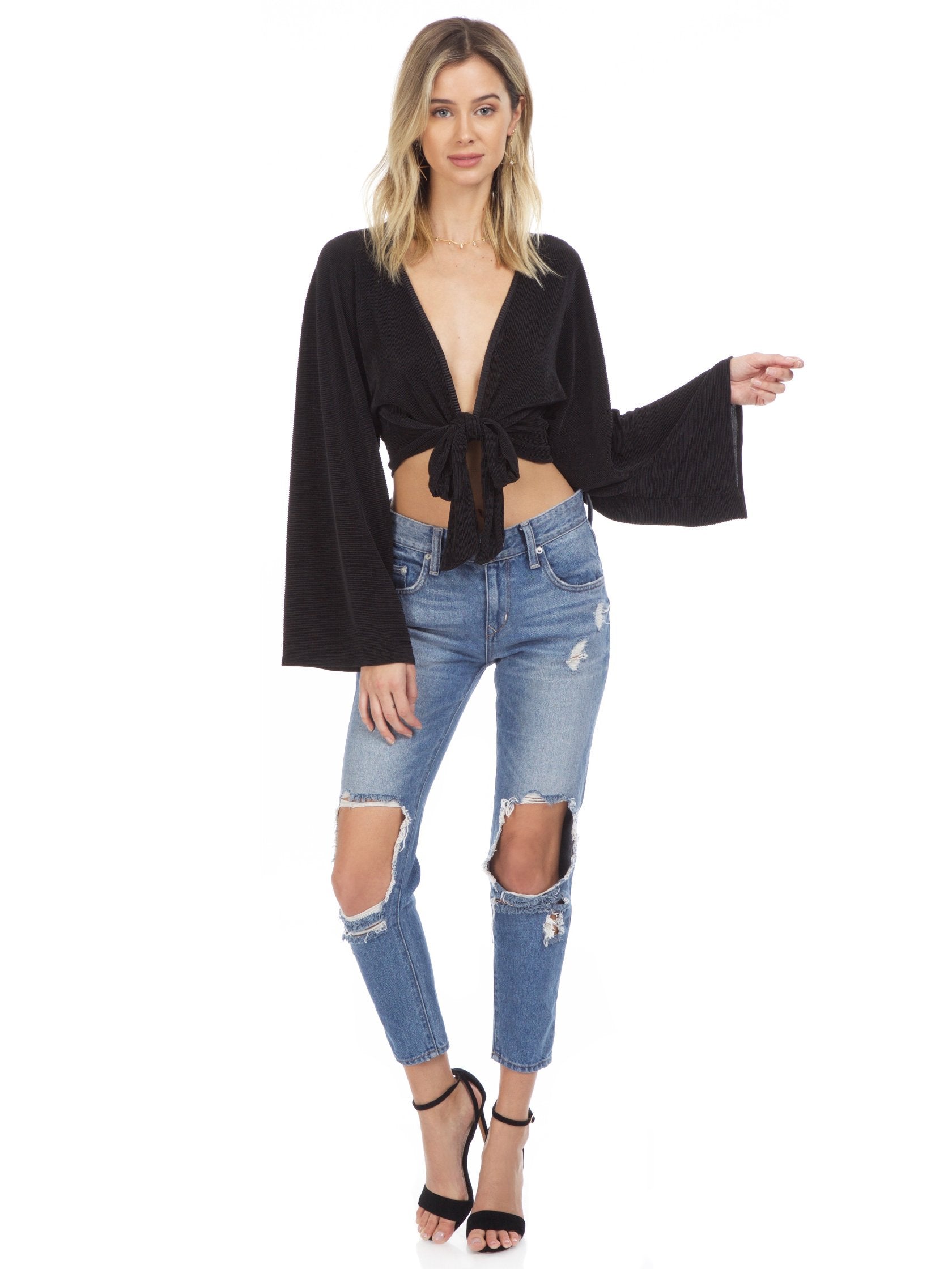 Girl wearing a top rental from Blue Life called Crystal Pleated Kimono Tie Front Top