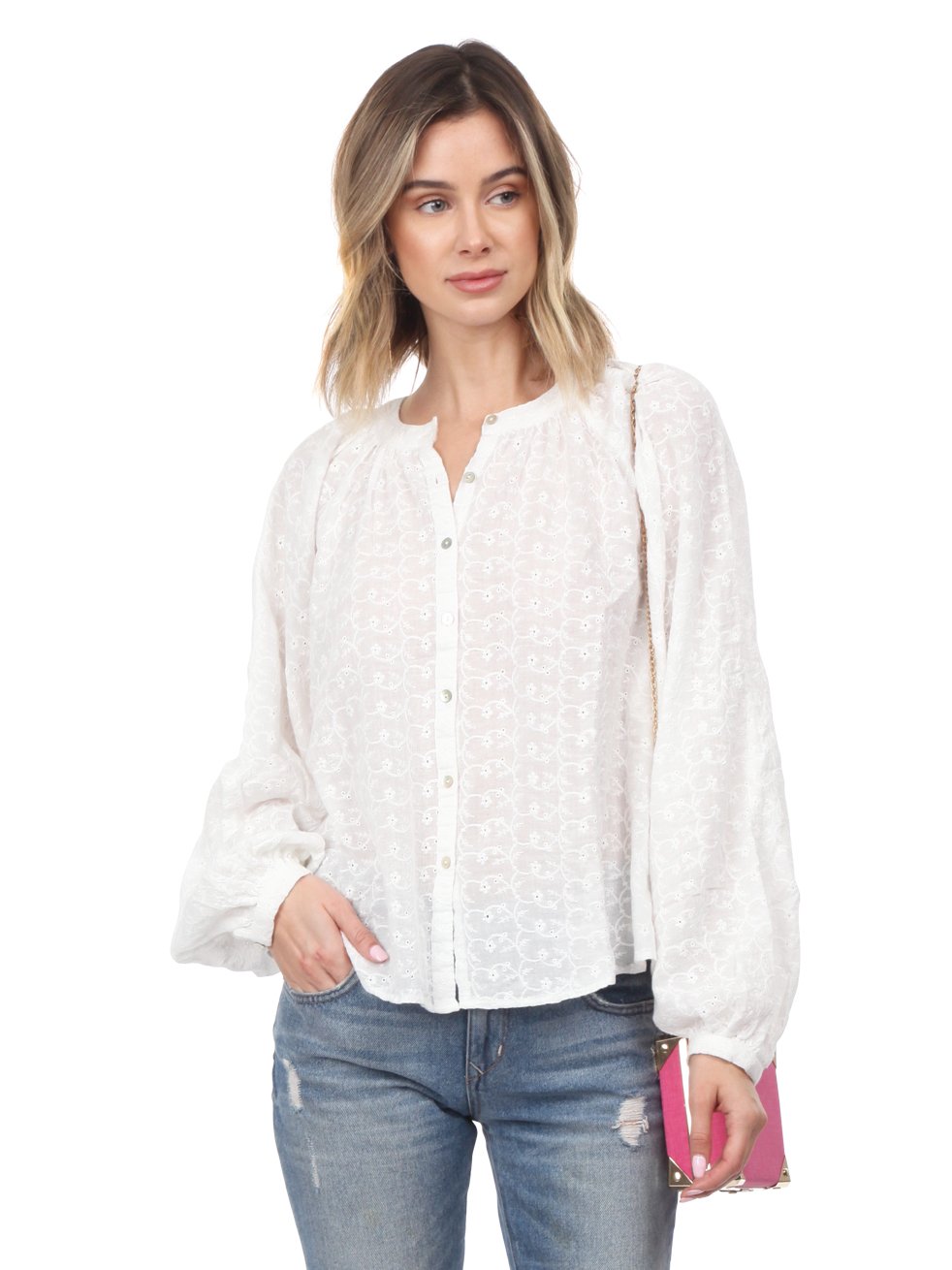 Woman wearing a top rental from Free People called Down From The Clouds Peasant Top