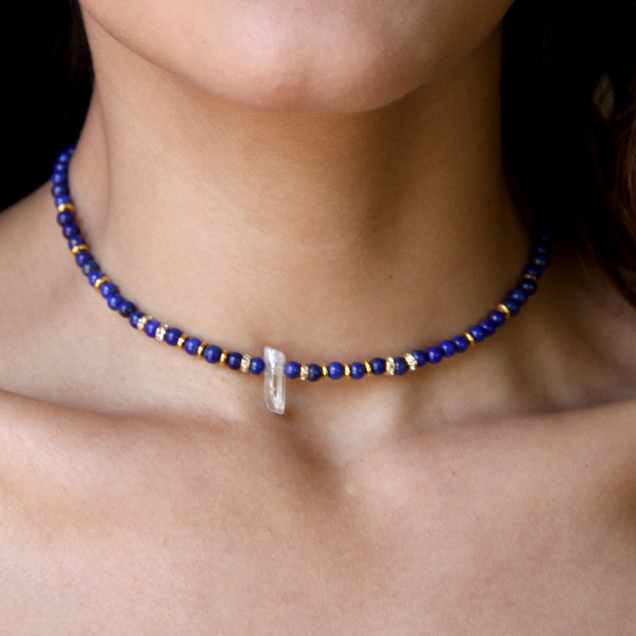 Girl outfit in a choker rental from Ettika called Crystal Arts Choker In Lapis And Gold