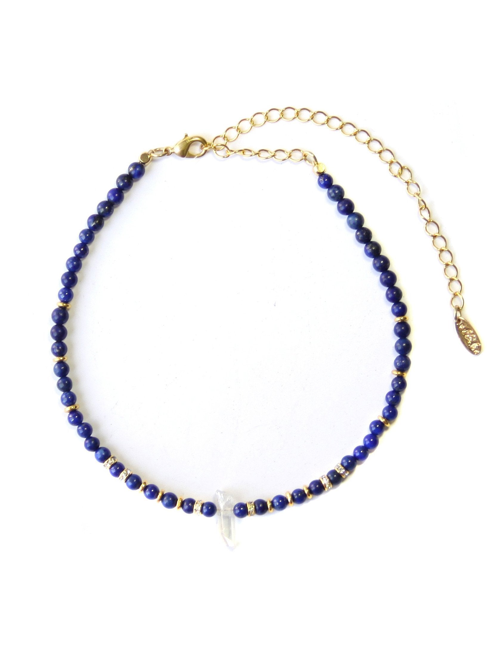 Girl wearing a choker rental from Ettika called Crystal Arts Choker In Lapis And Gold