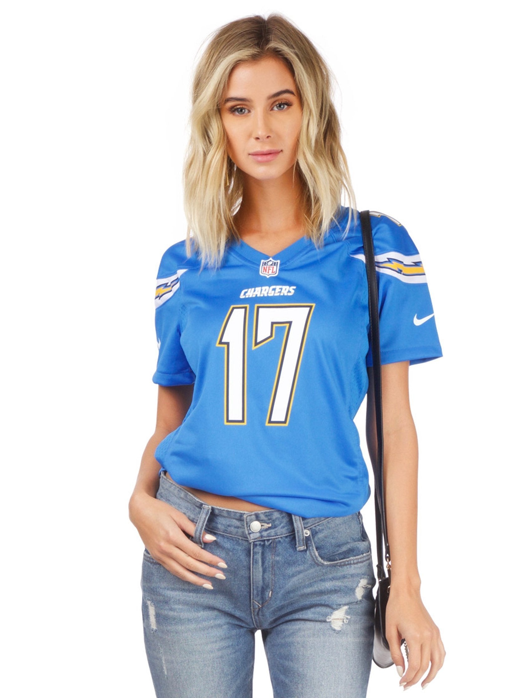 Woman wearing a top rental from FashionPass called La Chargers Jersey
