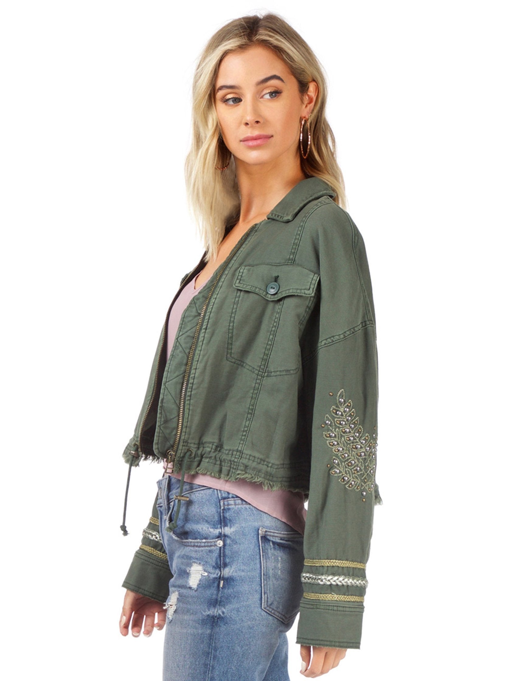 Women wearing a jacket rental from Free People called Extreme Cropped Military Jacket