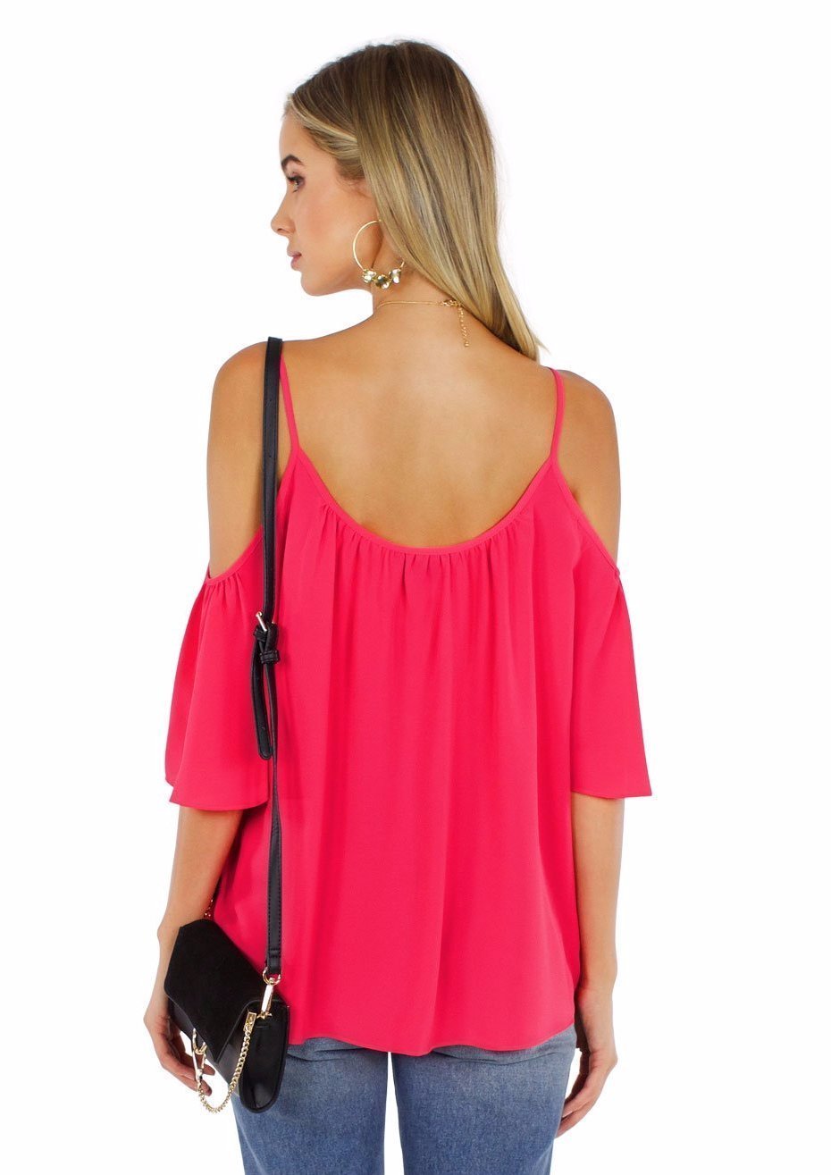 Women wearing a top rental from French Connection called Crepe Light Cut Out Shoulder Top