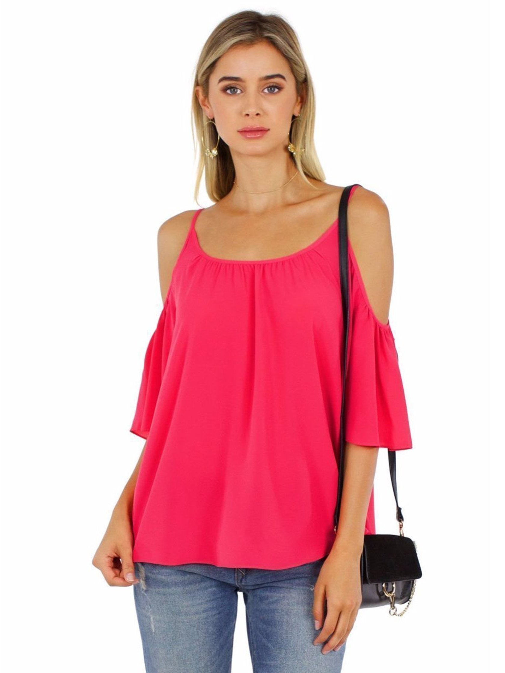 Girl outfit in a top rental from French Connection called Crepe Light Cut Out Shoulder Top