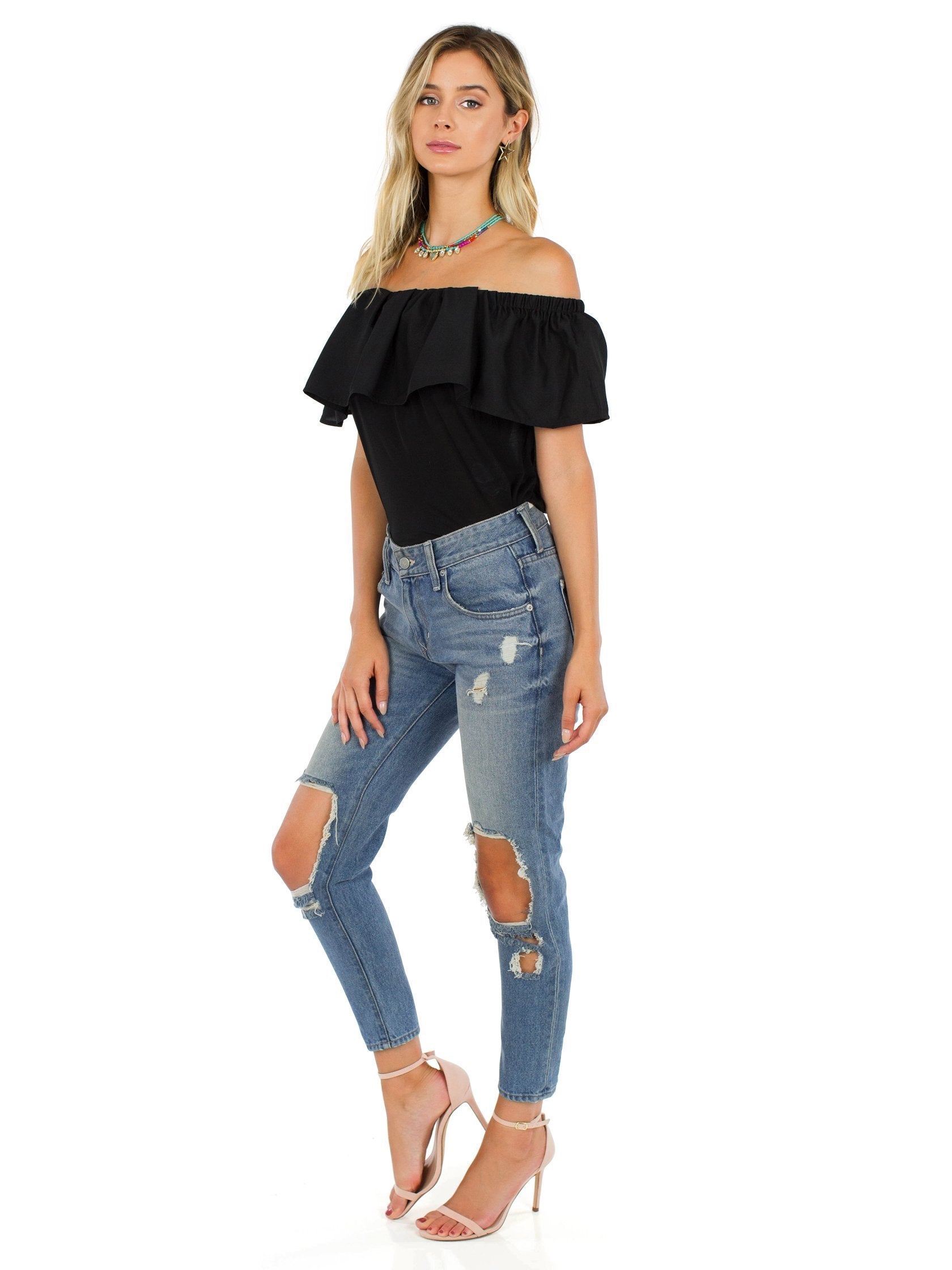 Women outfit in a top rental from French Connection called Polly Plains Off-the-shoulder Top