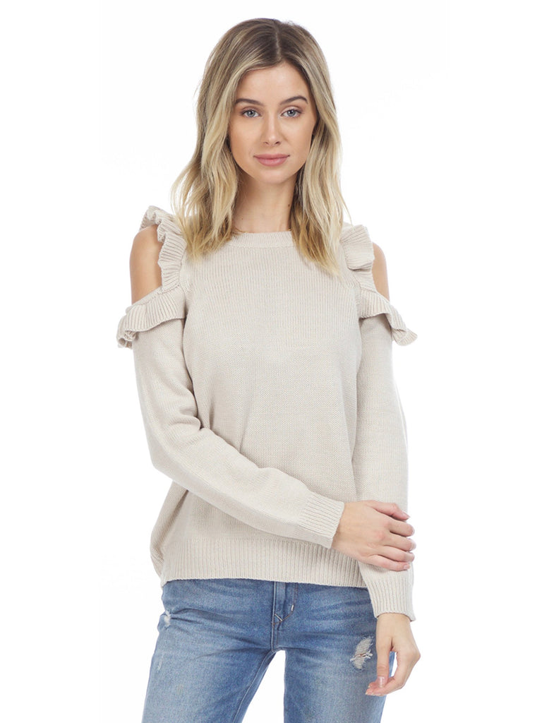 Women wearing a sweater rental from FashionPass called Harmony Cold Shoulder Sweater