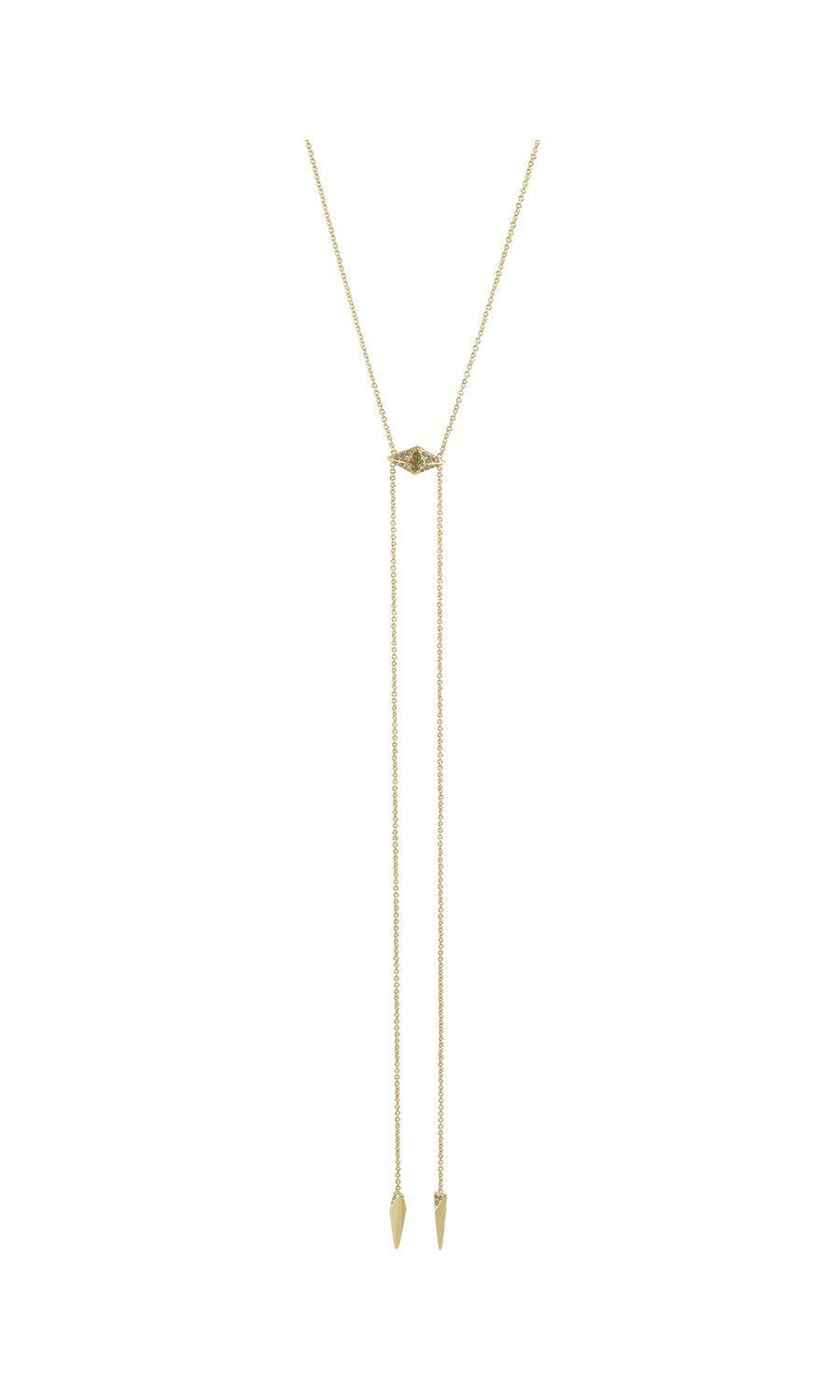 Women outfit in a necklace rental from House of Harlow 1960 called Gold Samo Bolo Tie Necklace