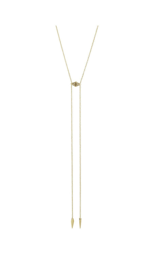 Women wearing a necklace rental from House of Harlow 1960 called Gold Samo Bolo Tie Necklace