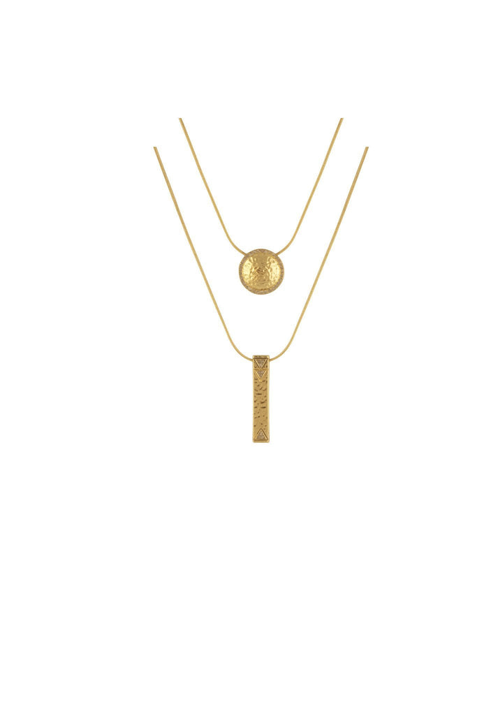 Women wearing a necklace rental from House of Harlow 1960 called Gold Scutum Double Pendant Necklace