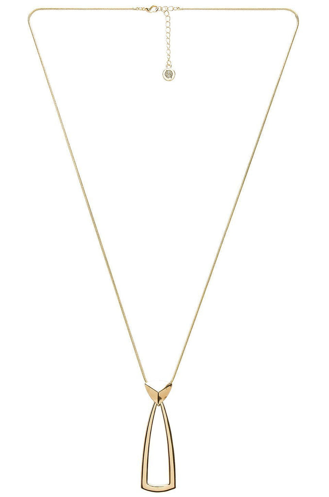 Women wearing a necklace rental from House of Harlow 1960 called Mesa Door Knocker Pendant Necklace