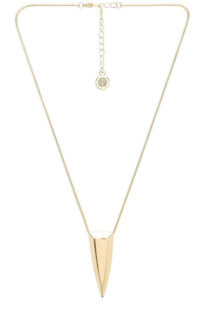 Girl outfit in a necklace rental from House of Harlow 1960 called Gold Scutum Double Pendant Necklace