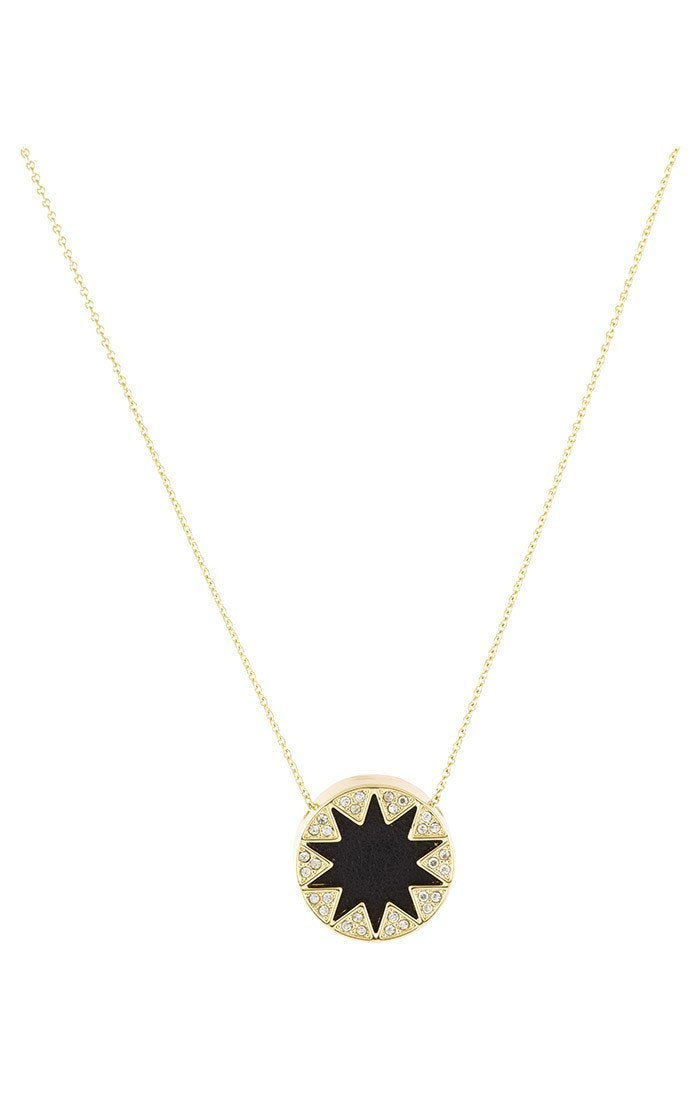 Women outfit in a necklace rental from House of Harlow 1960 called Mini Pave Sunburst Necklace