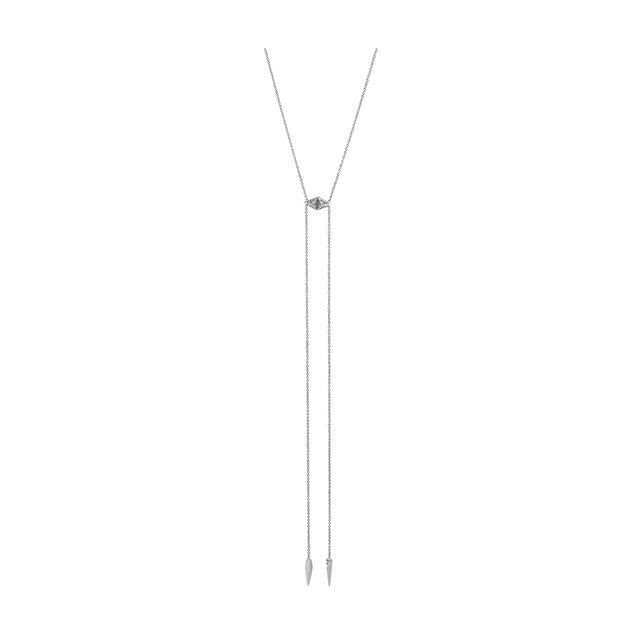 Women wearing a necklace rental from House of Harlow 1960 called Silver Samo Bolo Tie Necklace