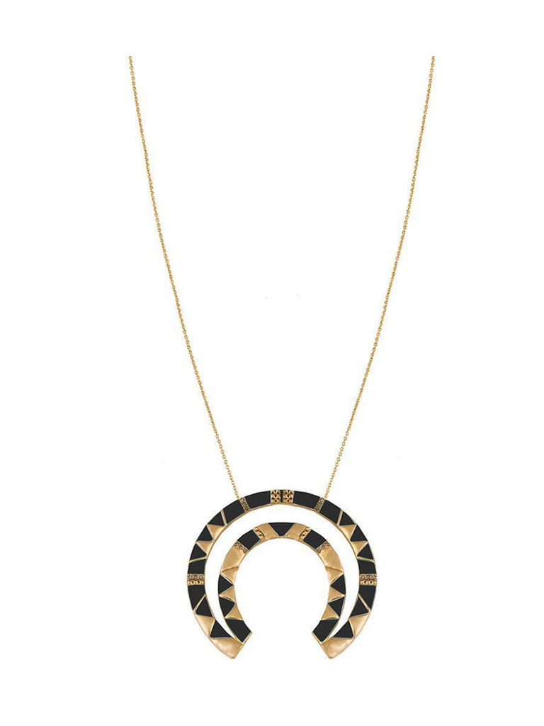 Women wearing a necklace rental from House of Harlow 1960 called Silver Scutum Double Pendant Necklace