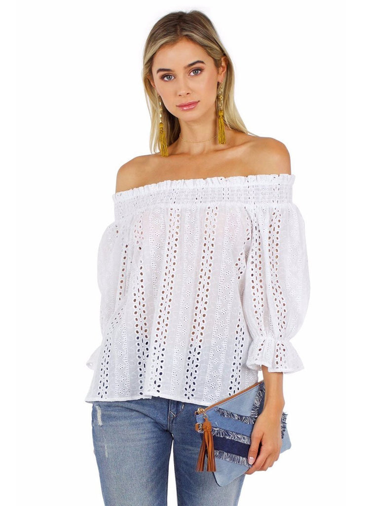 Woman wearing a top rental from J.O.A. called Off Shoulder Eyelet Bodysuit