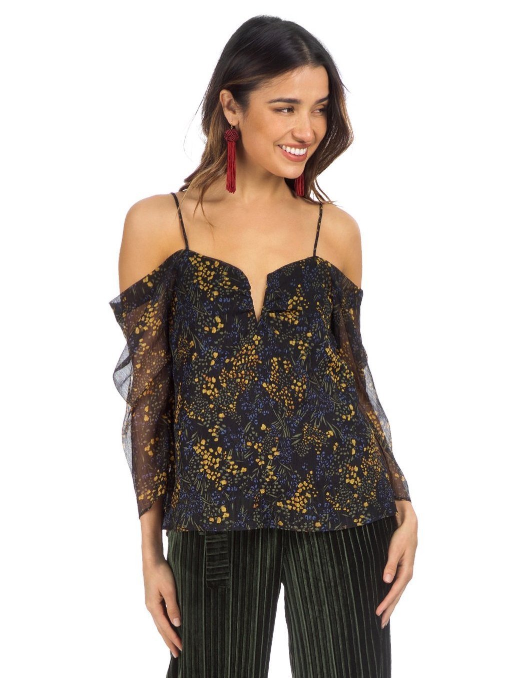 Woman wearing a top rental from Line & Dot called Garlan Cold Shoulder Top