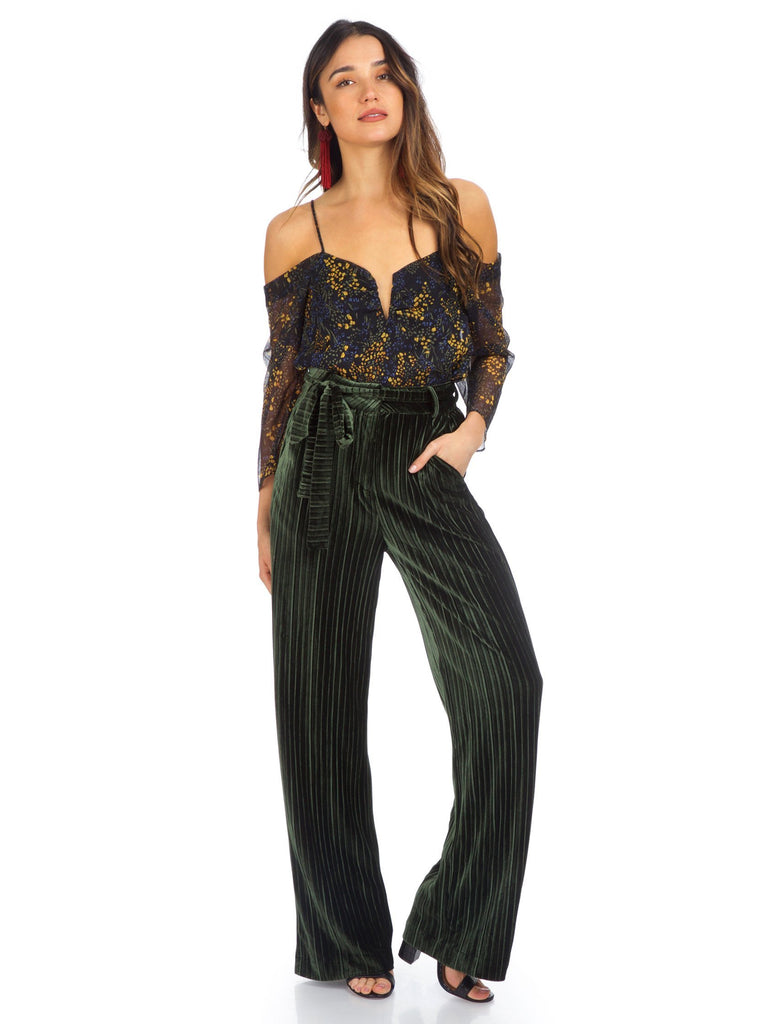 Women outfit in a pants rental from Line & Dot called Diamond Embroidered Top