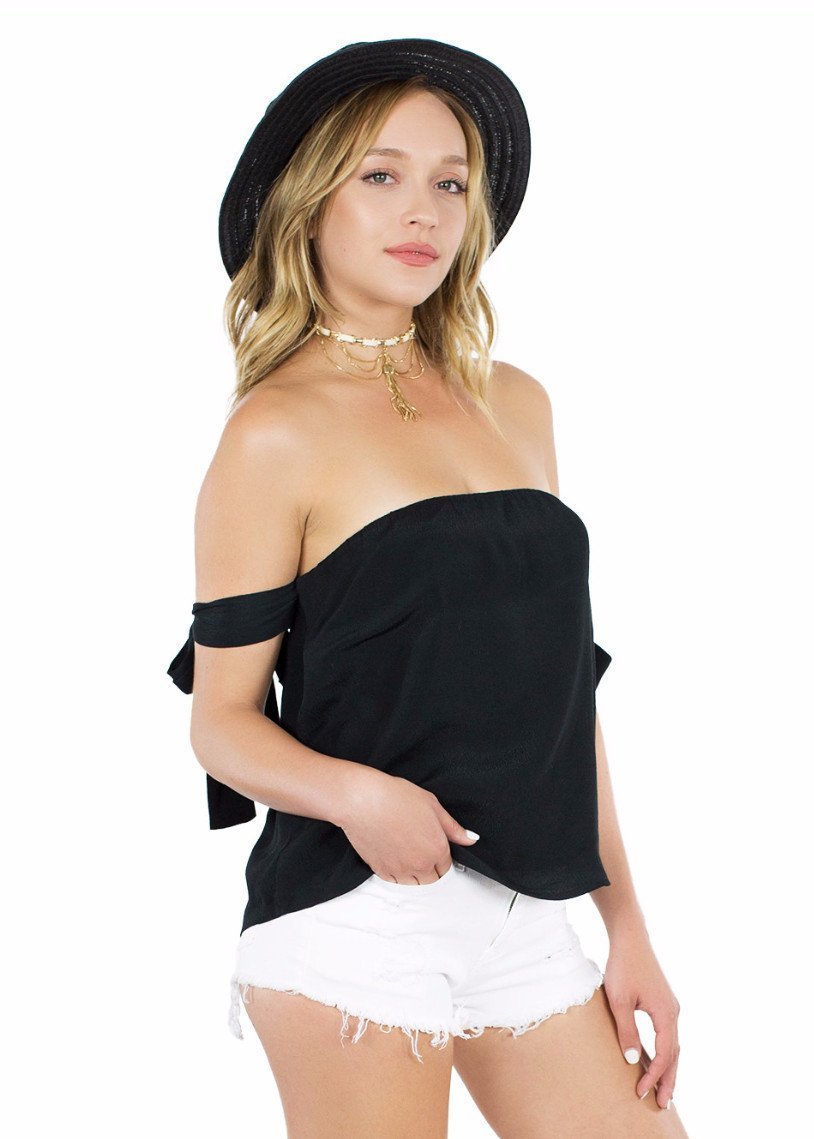 Women wearing a top rental from Lucca Couture called Black Off Shoulder Tie Sleeve Top