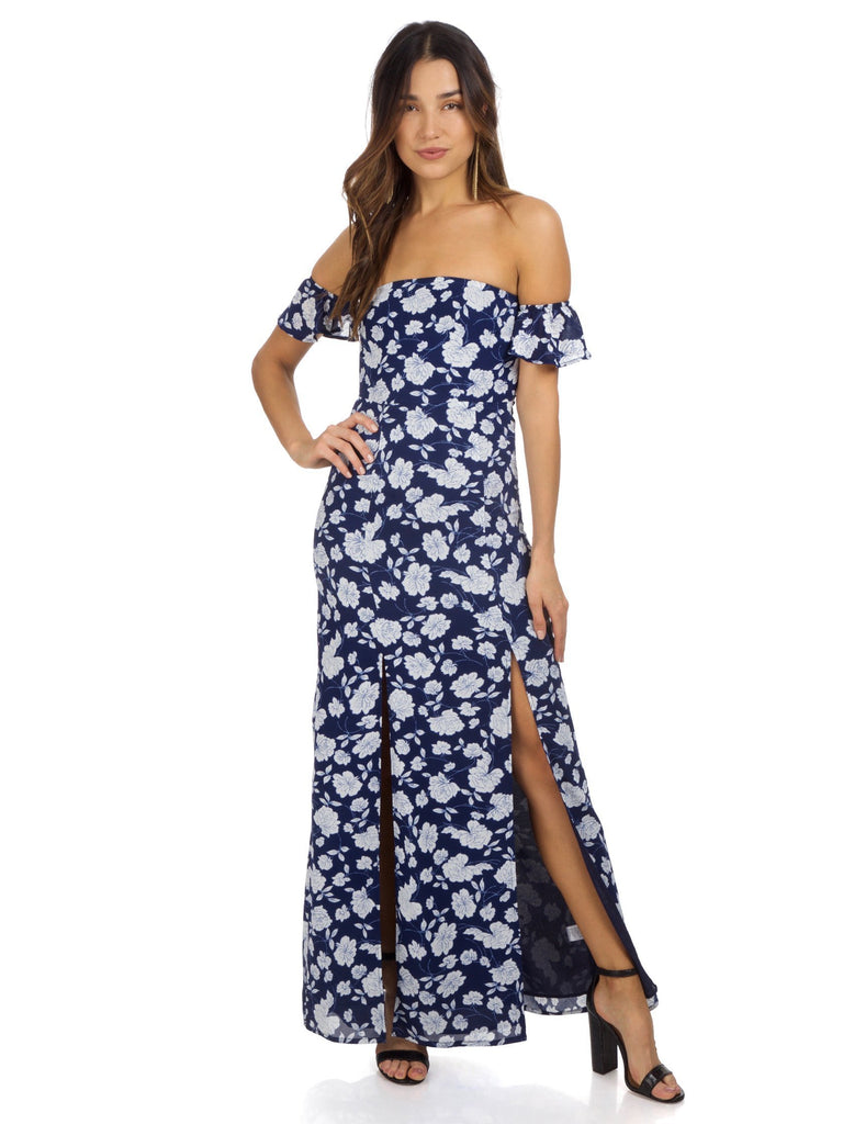 Women wearing a dress rental from Lucca Couture called Off Shoulder Maxi Dress