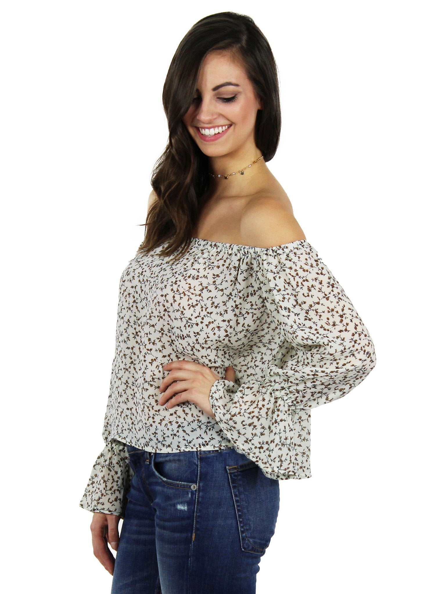 Women wearing a top rental from Lucca Couture called Off Shoulder Ruffle Sleeve Top