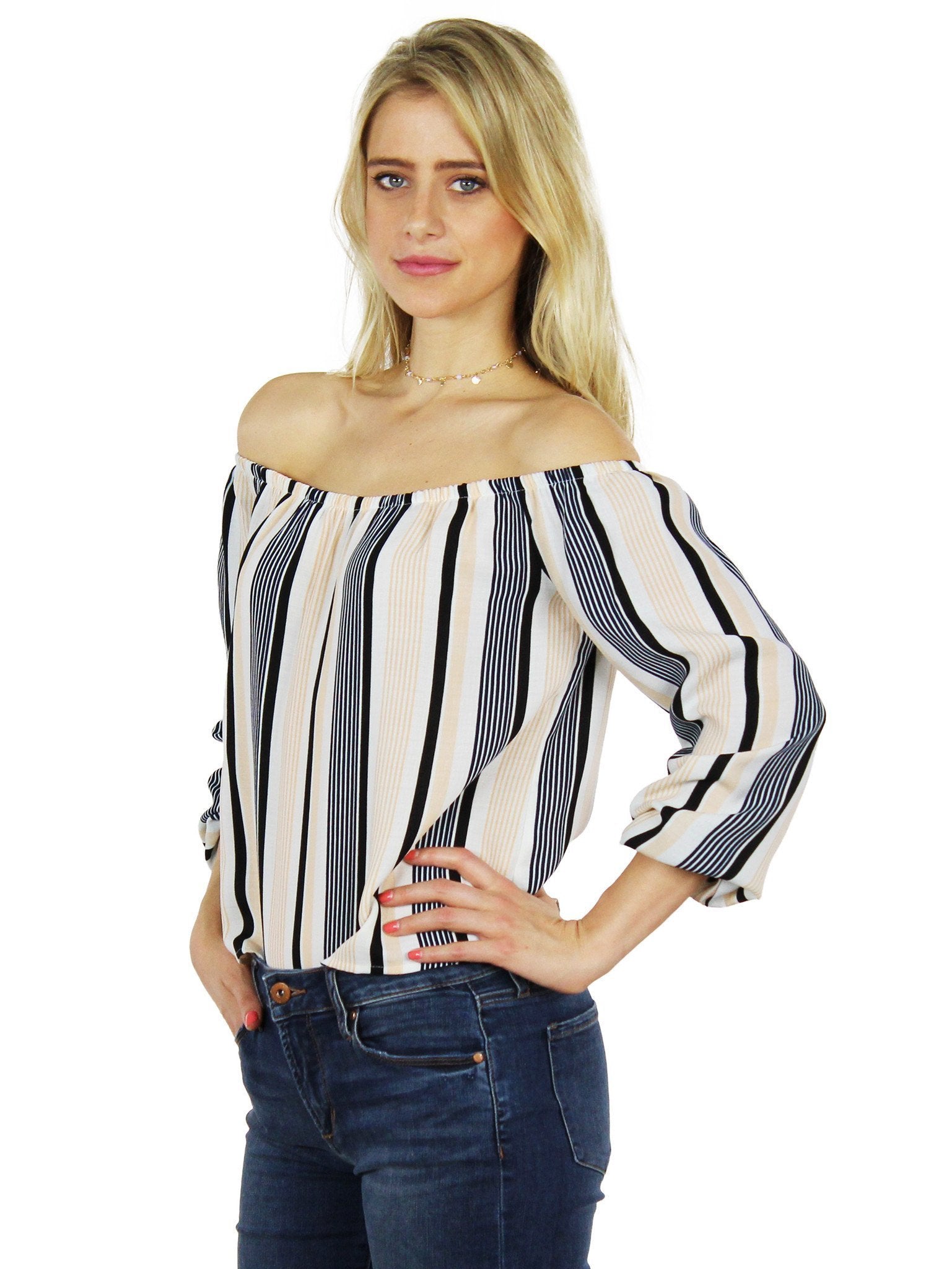 Girl outfit in a top rental from Lucca Couture called Stripes Are The New Black Blouse