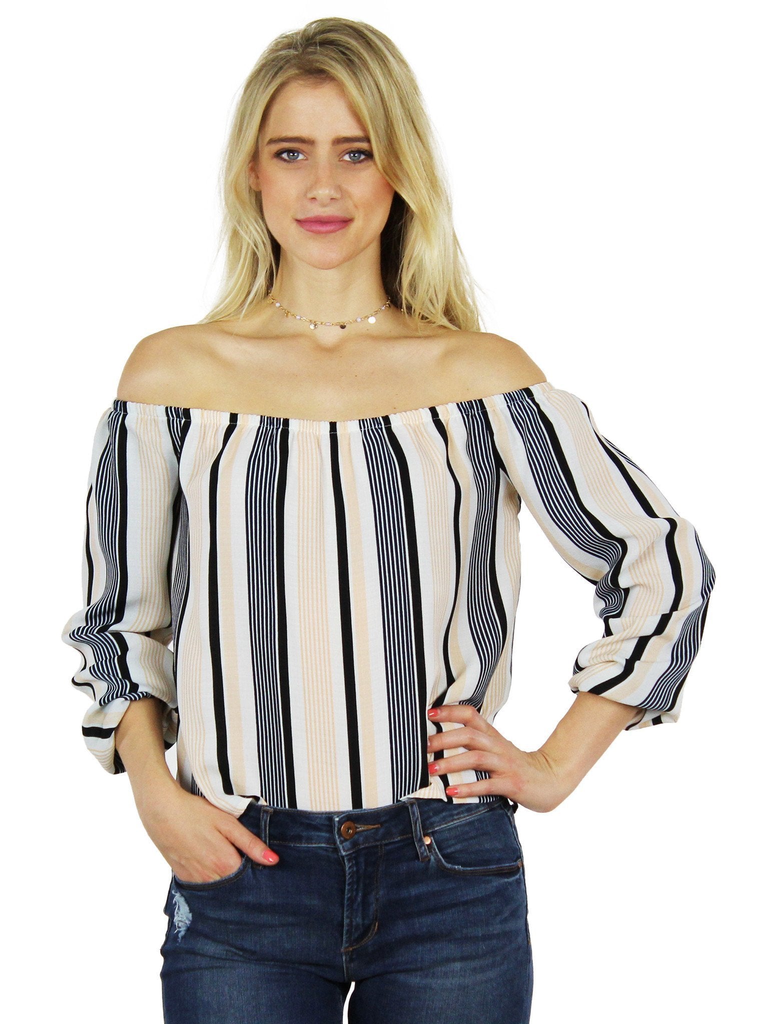 Woman wearing a top rental from Lucca Couture called Stripes Are The New Black Blouse