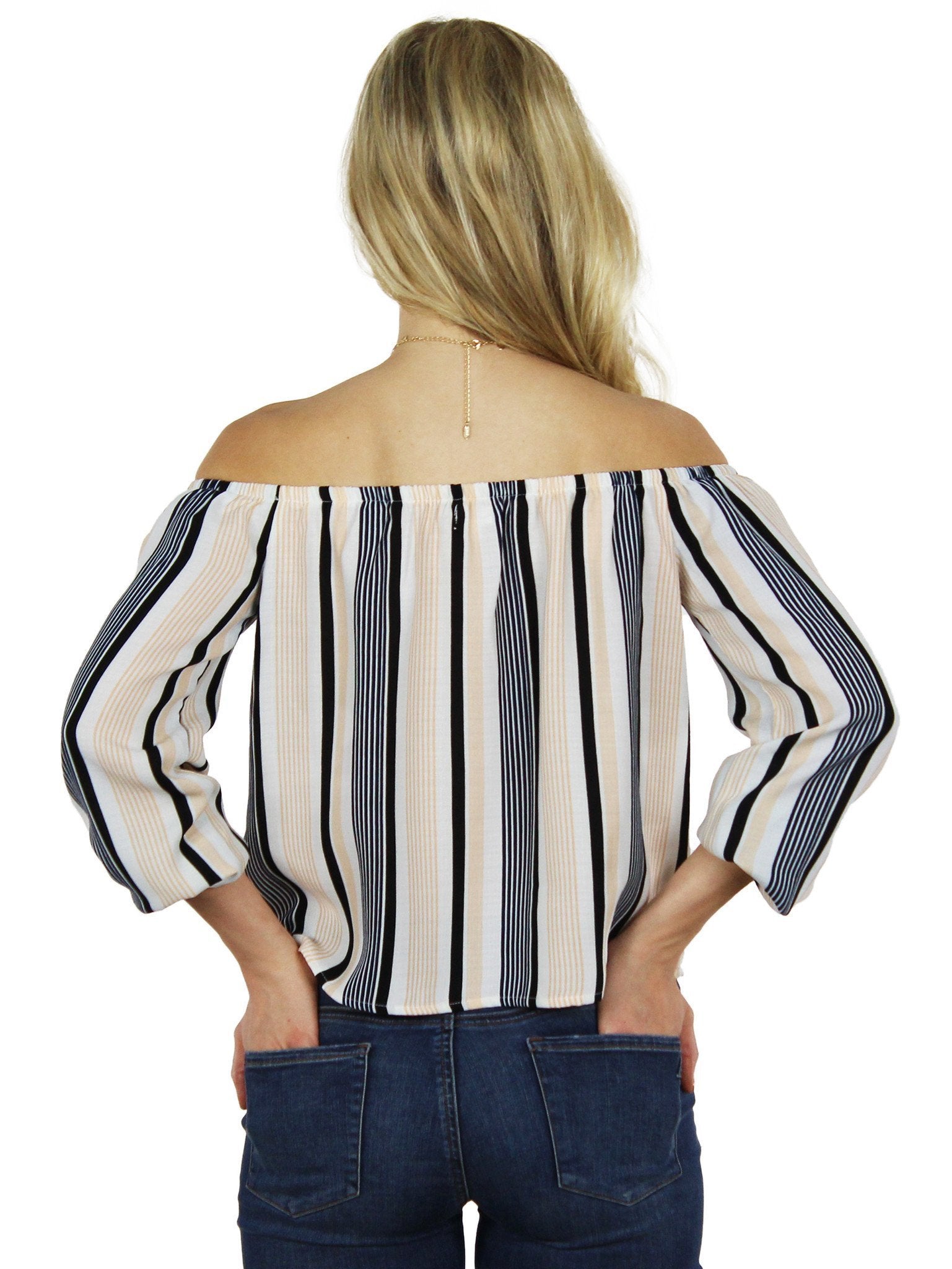 Women wearing a top rental from Lucca Couture called Stripes Are The New Black Blouse