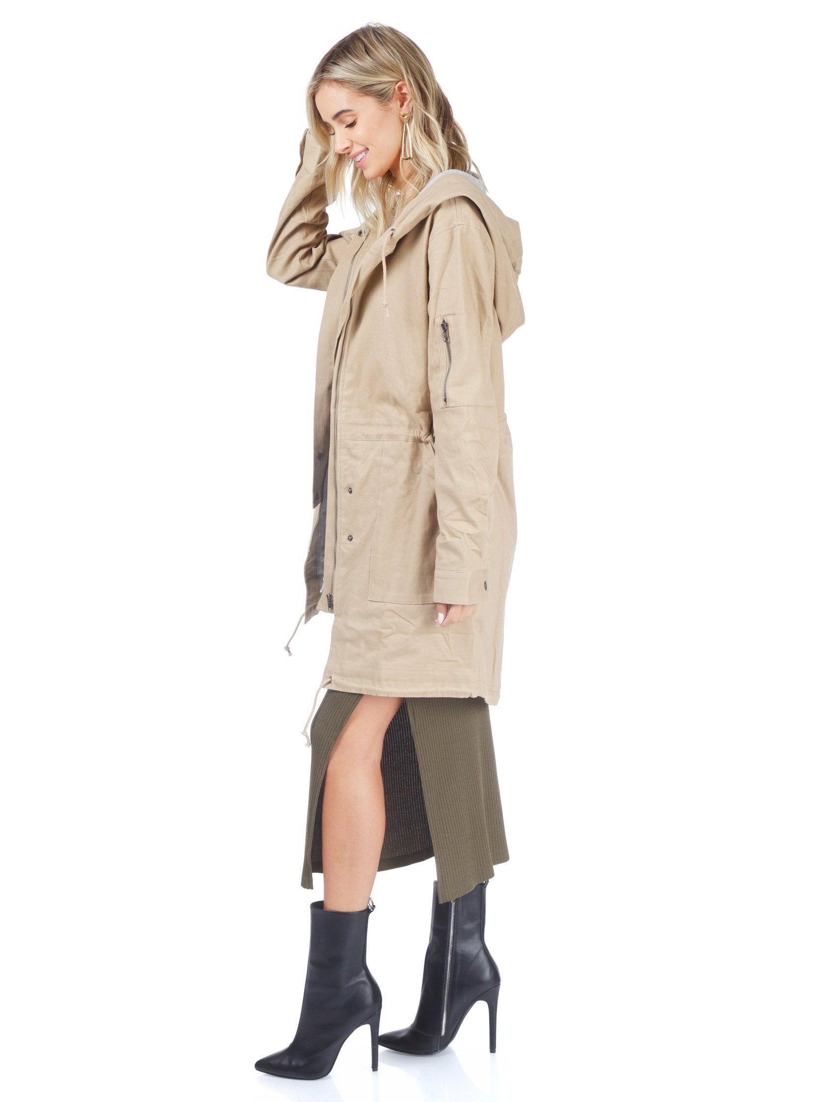 Girl outfit in a jacket rental from Lush called Tan Cargo Jacket