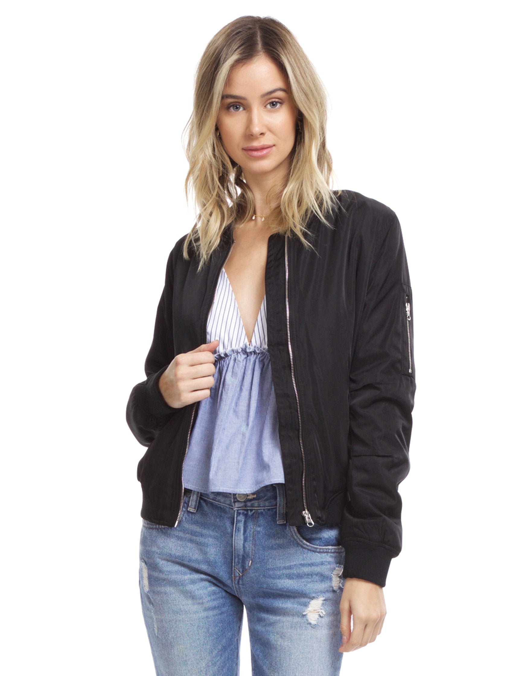 Woman wearing a jacket rental from Lush called Zip Up Bomber Jacket