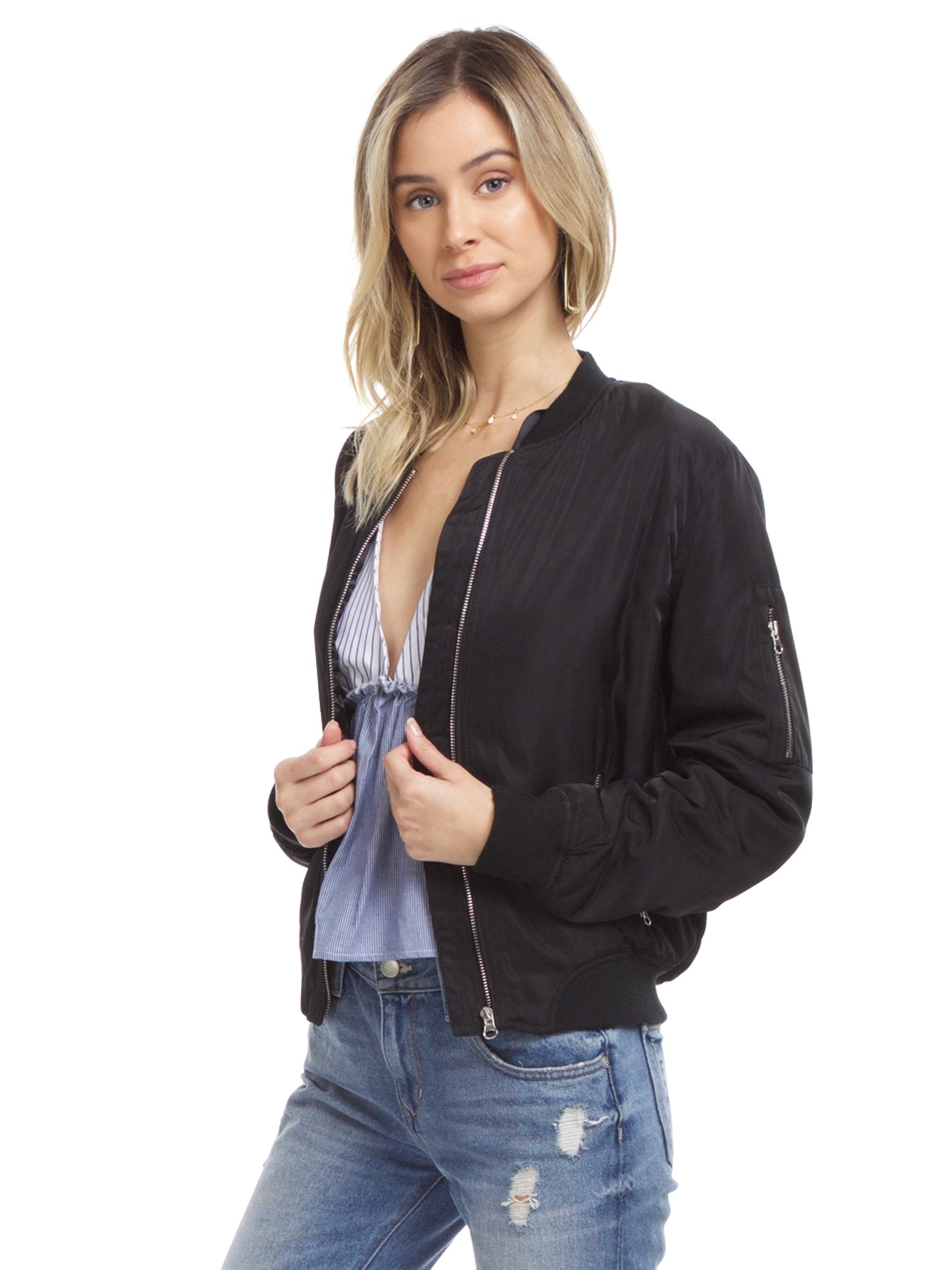 Women wearing a jacket rental from Lush called Zip Up Bomber Jacket