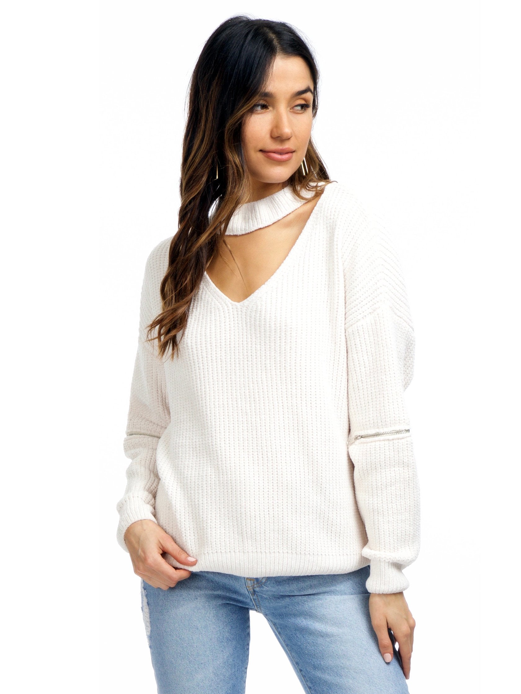 Woman wearing a sweater rental from Strut & Bolt called Megan Choker Sweater