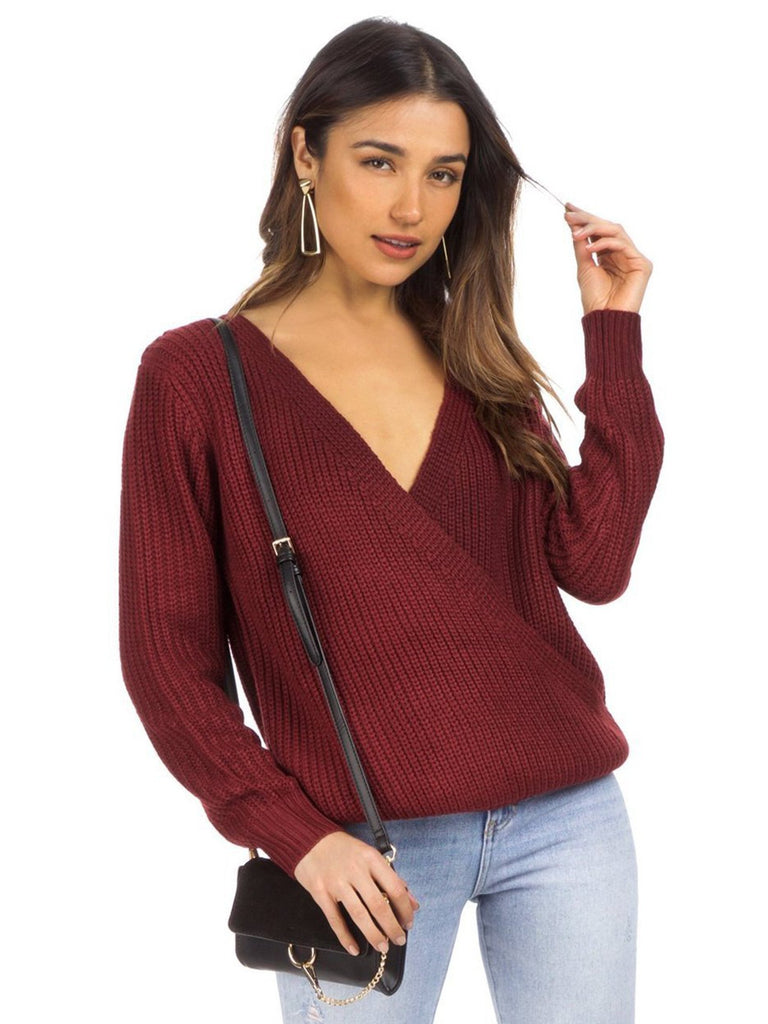 Women wearing a sweater rental from MINKPINK called Carmen Wrap Front Sweater