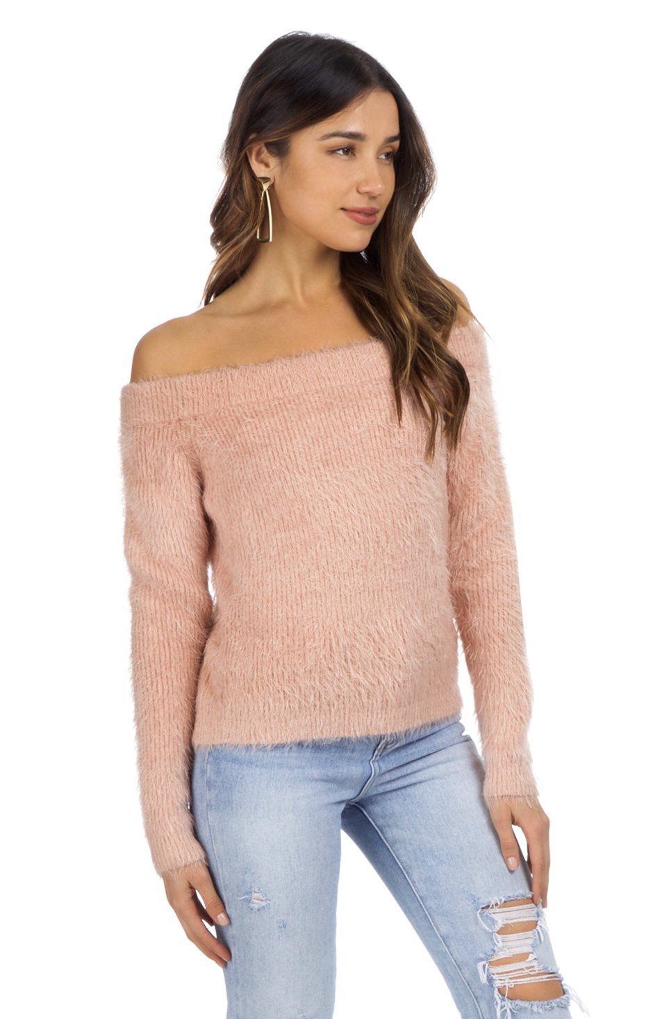 Woman wearing a sweater rental from MINKPINK called Florentine Off Shoulder Sweater